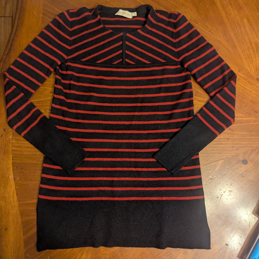 Tory Burch Navy Blue & Red Stripe 100%  Merino Wool Sweater Women's XS